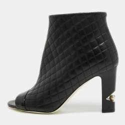 Chanel Black Quilted Leather and Patent Open Toe Ankle Booties Size 38.5