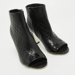 Chanel Black Quilted Leather and Patent Open Toe Ankle Booties Size 38.5