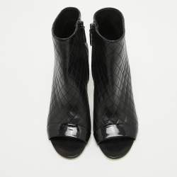 Chanel Black Quilted Leather and Patent Open Toe Ankle Booties Size 38.5