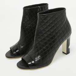 Chanel Black Quilted Leather and Patent Open Toe Ankle Booties Size 38.5