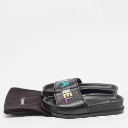 Chanel Black Leather CHA NEL Letter Logo Flat Slides Size 40