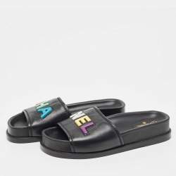 Chanel Black Leather CHA NEL Letter Logo Flat Slides Size 40