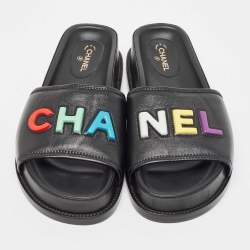 Chanel Black Leather CHA NEL Letter Logo Flat Slides Size 40