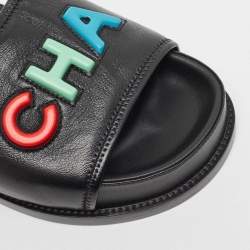 Chanel Black Leather CHA NEL Letter Logo Flat Slides Size 40