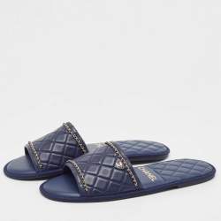 Pre Owned Chanel Navy Blue Leather Chain Link CC Flat Slides Size L