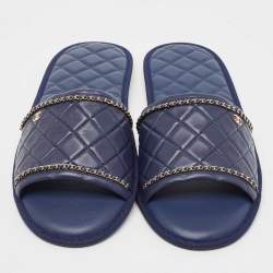 Pre Owned Chanel Navy Blue Leather Chain Link CC Flat Slides Size L