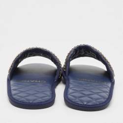 Pre Owned Chanel Navy Blue Leather Chain Link CC Flat Slides Size L