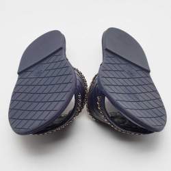 Pre Owned Chanel Navy Blue Leather Chain Link CC Flat Slides Size L