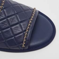 Pre Owned Chanel Navy Blue Leather Chain Link CC Flat Slides Size L