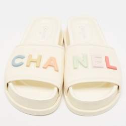 Chanel Cream Leather Logo Slides Size 40