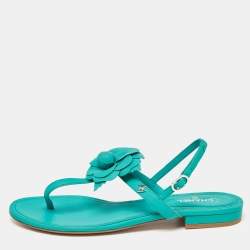 Chanel Green Leather Camellia Thong Sandals Size 40