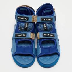 Chanel Blue Quilted Leather and Neoprene CC Ankle Strap Flat Sandals Size 40