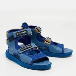 Chanel Blue Quilted Leather and Neoprene CC Ankle Strap Flat Sandals Size 40