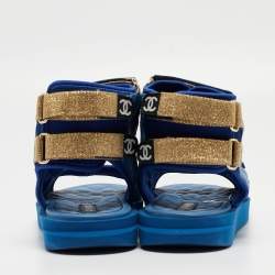 Chanel Blue Quilted Leather and Neoprene CC Ankle Strap Flat Sandals Size 40