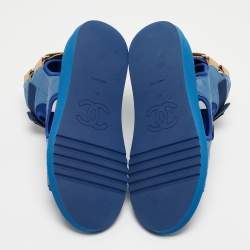 Chanel Blue Quilted Leather and Neoprene CC Ankle Strap Flat Sandals Size 40