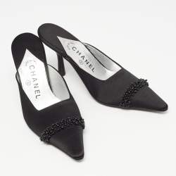 Chanel Black Satin Cap Toe Mules  Size 37