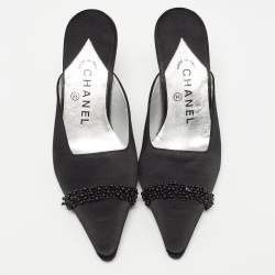 Chanel Black Satin Cap Toe Mules  Size 37