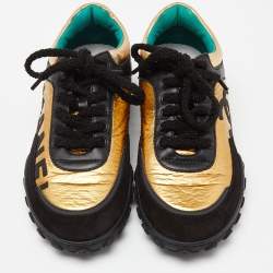 Pre Owned Chanel Black/Gold Leather and Suede CC Low-Top Sneakers Size 37