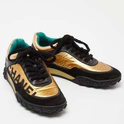 Pre Owned Chanel Black/Gold Leather and Suede CC Low-Top Sneakers Size 37