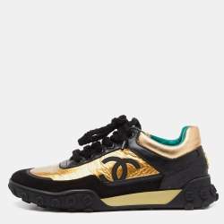 Pre Owned Chanel Black/Gold Leather and Suede CC Low-Top Sneakers Size 37