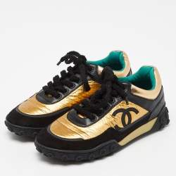 Pre Owned Chanel Black/Gold Leather and Suede CC Low-Top Sneakers Size 37