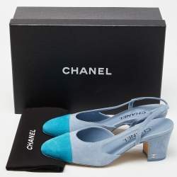 Chanel Two Tone Blue Suede Cap Toe Slingback Sandals Size 37.5
