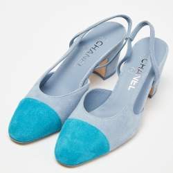 Chanel Two Tone Blue Suede Cap Toe Slingback Sandals Size 37.5