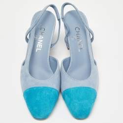 Chanel Two Tone Blue Suede Cap Toe Slingback Sandals Size 37.5