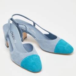 Chanel Two Tone Blue Suede Cap Toe Slingback Sandals Size 37.5