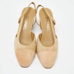 Chanel Two Tone Beige Cap Toe Suede Slingback Sandals Size 37.5