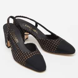 Chanel Black/Gold Tweed,Grosgrain and Canvas Cap Toe Slingback Sandals Size 37.5