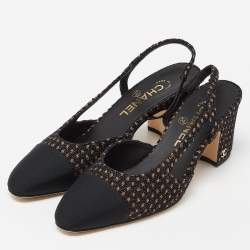 Chanel Black/Gold Tweed,Grosgrain and Canvas Cap Toe Slingback Sandals Size 37.5