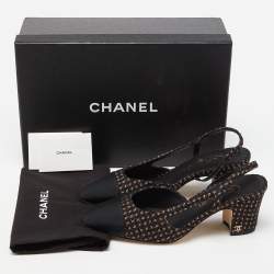 Chanel Black/Gold Tweed,Grosgrain and Canvas Cap Toe Slingback Sandals Size 37.5