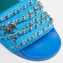 Pre Owned Chanel Blue Satin Tropiconic Chain Detail Flat Slides Size 38 