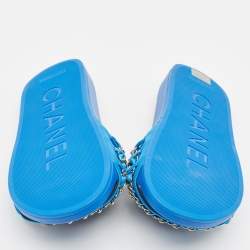 Pre Owned Chanel Blue Satin Tropiconic Chain Detail Flat Slides Size 38 