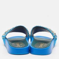 Pre Owned Chanel Blue Satin Tropiconic Chain Detail Flat Slides Size 38 