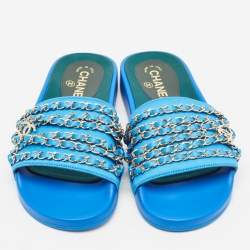 Pre Owned Chanel Blue Satin Tropiconic Chain Detail Flat Slides Size 38 