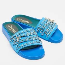 Pre Owned Chanel Blue Satin Tropiconic Chain Detail Flat Slides Size 38 