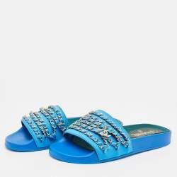 Pre Owned Chanel Blue Satin Tropiconic Chain Detail Flat Slides Size 38 