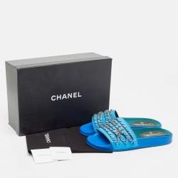 Pre Owned Chanel Blue Satin Tropiconic Chain Detail Flat Slides Size 38 