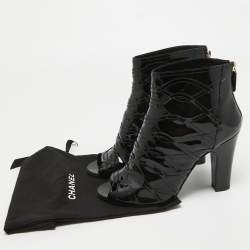 Chanel Black Patent Leather Peep Toe Ankle Booties Size 39.5