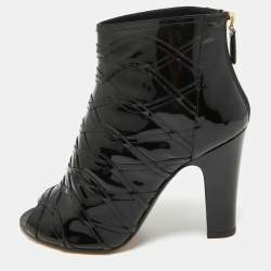 Chanel Black Patent Leather Peep Toe Ankle Booties Size 39.5