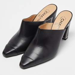 Pre Owned Chanel Black Leather CC Logo Metal Frame Mules Size 37
