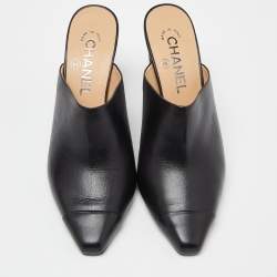 Pre Owned Chanel Black Leather CC Logo Metal Frame Mules Size 37