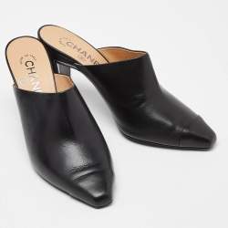 Pre Owned Chanel Black Leather CC Logo Metal Frame Mules Size 37