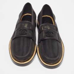Pre Owned Chanel Black Mesh and Satin Beaded CC Slip On Loafers Size 37