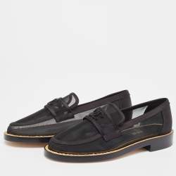 Pre Owned Chanel Black Mesh and Satin Beaded CC Slip On Loafers Size 37