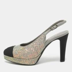 Pre Owned Chanel Grey/Black Glitter and Canvas Cap Toe Slingback Pumps Size 36.5