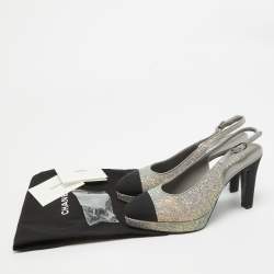 Pre Owned Chanel Grey/Black Glitter and Canvas Cap Toe Slingback Pumps Size 36.5