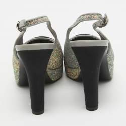 Pre Owned Chanel Grey/Black Glitter and Canvas Cap Toe Slingback Pumps Size 36.5